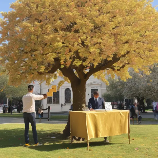 Golden voter casting vote in front of a blooming tree with dividends