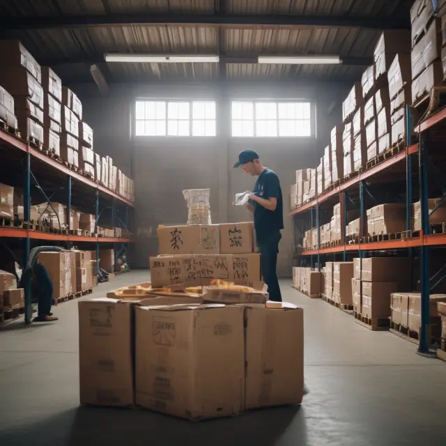 Warehouse scene: Workers unloading goods into storage amidst insurance policy documents and fruits symbolizing spoilage
