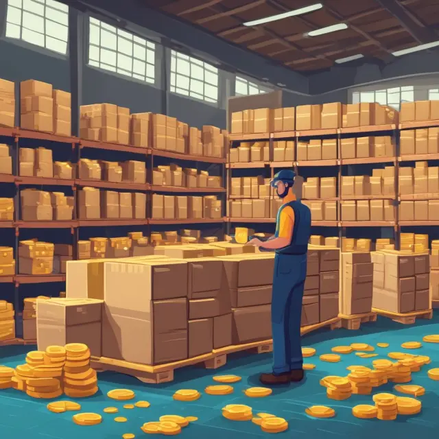 Warehouse worker collects gold coins signifying efficient cash flow from flowing inventory