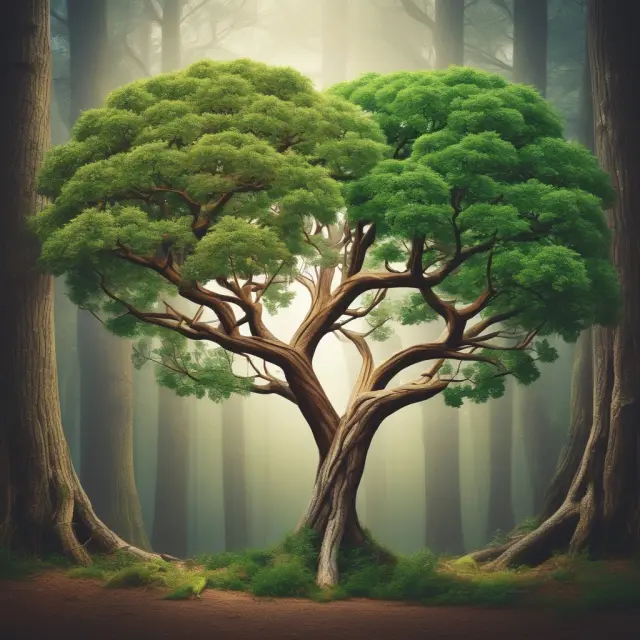 A garden with three distinct trees symbolizing pure, mixed, and intermediate holding companies, nurturing a thriving ecosystem of diverse business operations