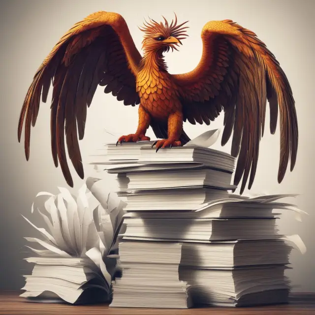 A mythical phoenix emerging from a pile of papers, representing the creation of a new holding company through legal document filing