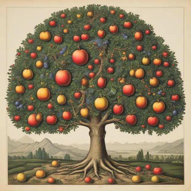 A lush tree with golden fruits (representing taxes) thriving within jurisdictions boasting favorable tax rules for holding companies