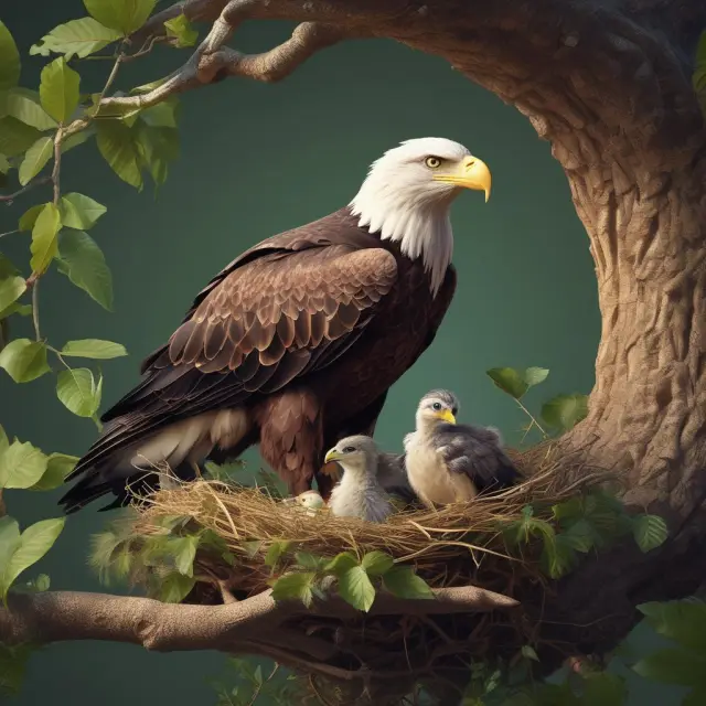 An eagle, representing an ethical holding company, watches over its diverse offspring in the nest, symbolizing transparency and fair governance between parent and subsidiaries