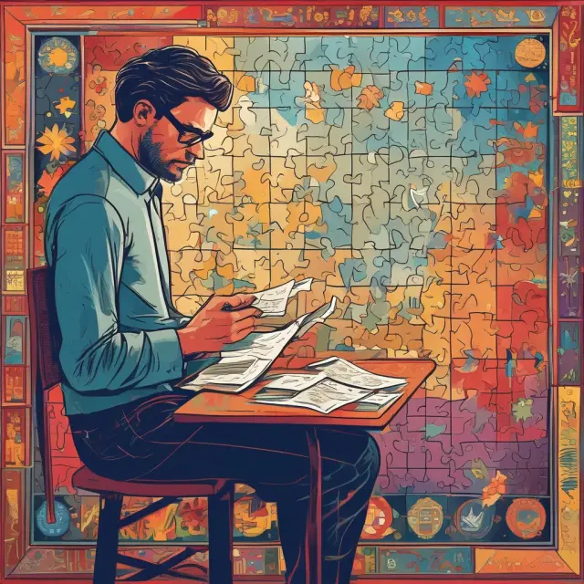 An investor examining a jigsaw puzzle, representing corporate actions. Each piece connected indicates a holding period extension or no change.