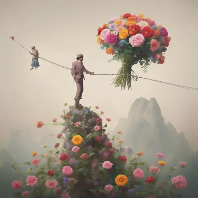 A tightrope walker balances various flowers representing diversification versus solely carrying a valuable gemstone symbolizing a concentrated portfolio