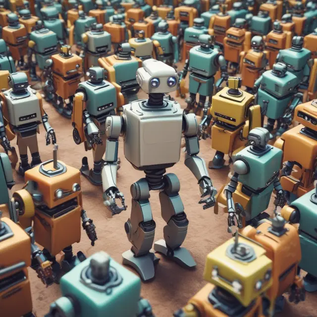 A robot army replacing human traders on a market floor, emphasizing the role of technology in modern trading