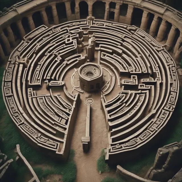 Landlord navigating complex legal maze, represented by intricate labyrinth, to remove a holdover tenant