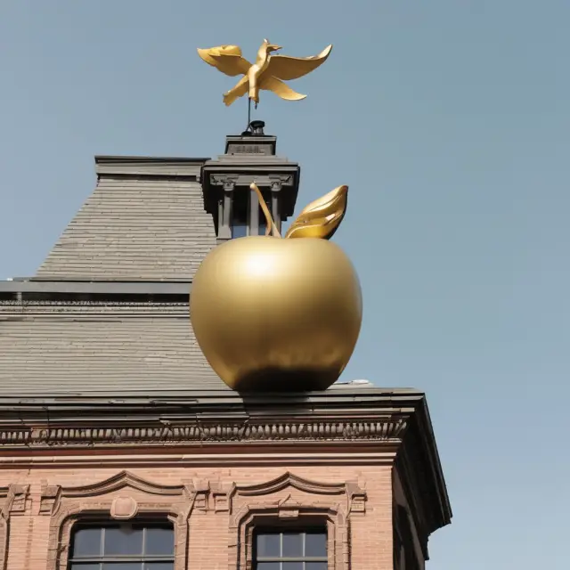 An illustration of a golden apple being offered by an authoritative figure to a determined tenant atop a clock tower, representing New York State