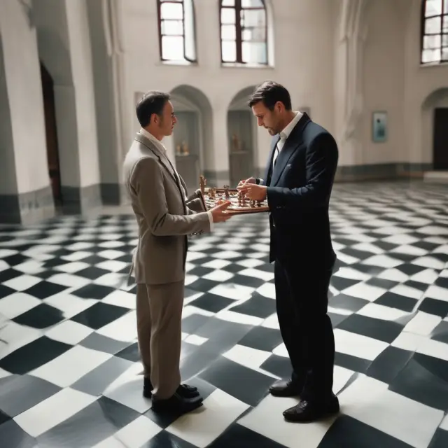 Landlord and tenant negotiating in front of a property, with a chess set representing the complexities of managing holdover tenancies.