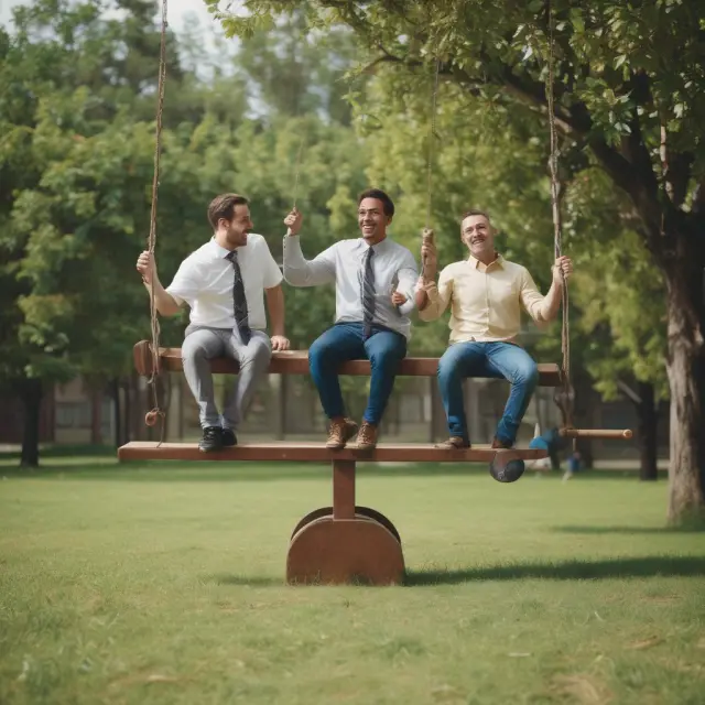 A landlord and tenant sit on opposite ends of a seesaw. They reach out to each other, striving for equilibrium while resolving a holdover tenancy dispute.
