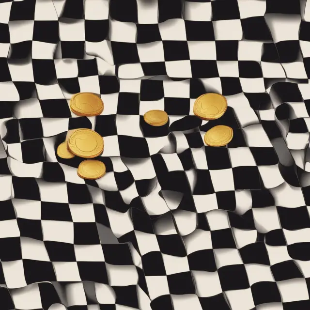 Golden coin dividing into two on a checkerboard, illustrating holdover float