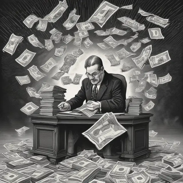 A criminal working at a table, forging floating checks while surrounded by documents from the Monetary Control Act.