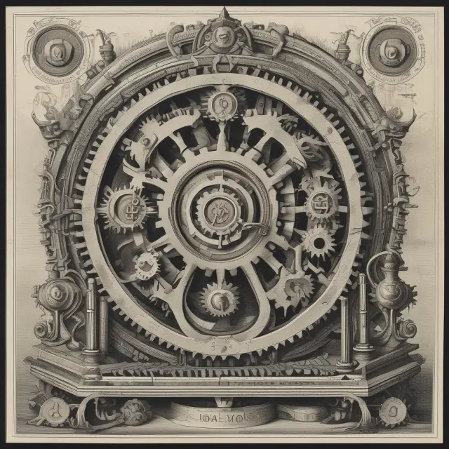 An intricate clockwork bank mechanism representing the Monetary Control Act of 1980, reducing holdovers and shortening float through efficient check processing and electronic payments networks.