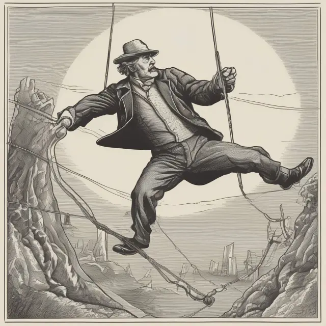 A person skillfully balancing on a tightrope between two account balance displays, symbolizing check kiting and the risks associated with holdovers in banking