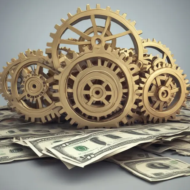 An image of banknotes being transferred through gears, representing the processing of financial transactions and the concept of holdover float