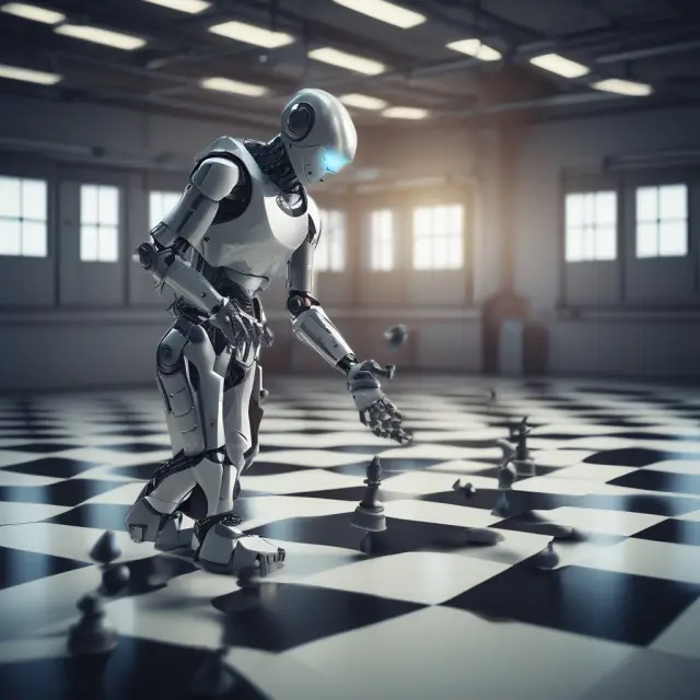A robot cleans the manufacturing floor while thoughtfully considering a chessboard, reflecting Moravec