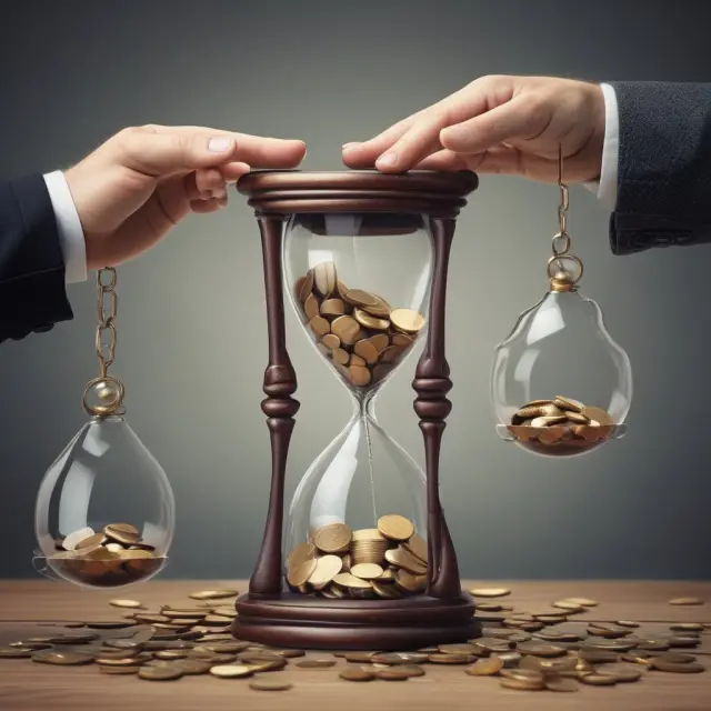 Middle-class coins falling into an hourglass, representing declining purchasing power and income inequality