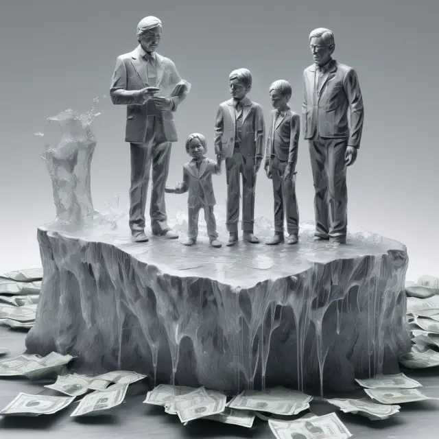 An image of an ice sculpture representing a middle-class family melting away and cracking, with money flowing towards the wealthy, illustrating economic hollowing out