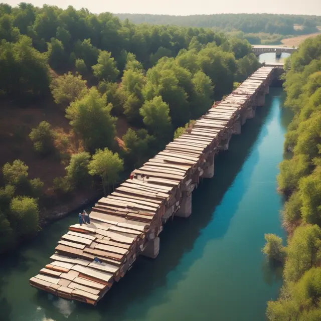 Bridge made of books connects two sides of a river; education and knowledge bridge the gap in the face of hollowing out.