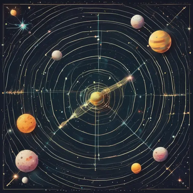 An artistic rendering of Hollywood Stock Exchange securities: Moviestocks, Starbonds, Celebstocks, and Derivatives represented by celestial bodies in a captivating constellation