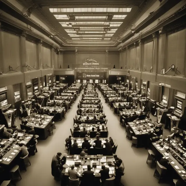 Image of a vibrant HSX trading floor, where traders engage in virtual entertainment predictions using golden movie reels and star portraits.