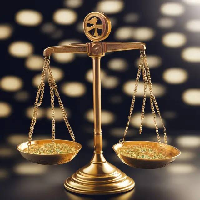 A golden scale balances the advantages and disadvantages of investing in the Hollywood Stock Exchange against the backdrop of a movie reel