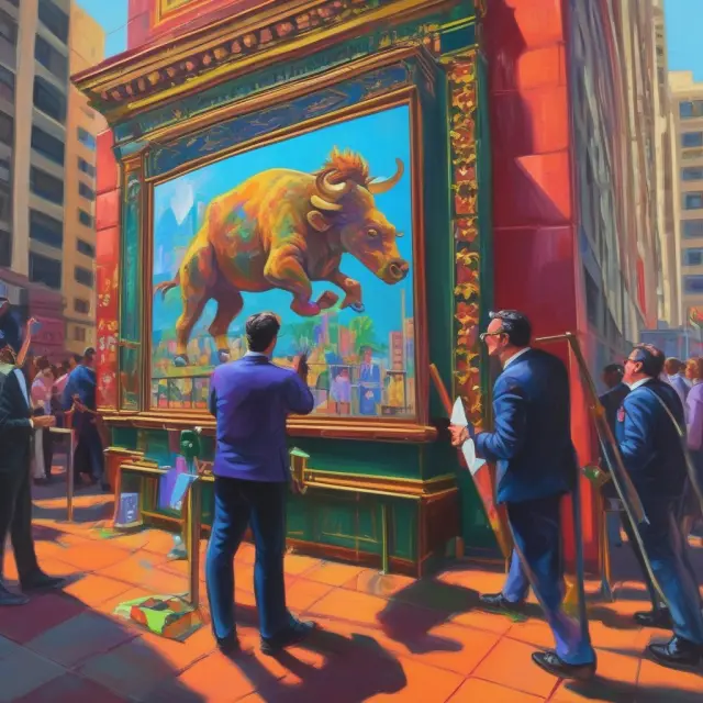 An artist paints a lively scene of the Hollywood Stock Exchange with bullish investor sentiment, focusing on the process of buying MovieStocks using Hollywood Dollars