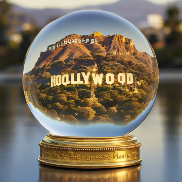 Crystal ball reflecting a golden Hollywood sign – Visualizing the future growth and evolution of the Hollywood Stock Exchange.