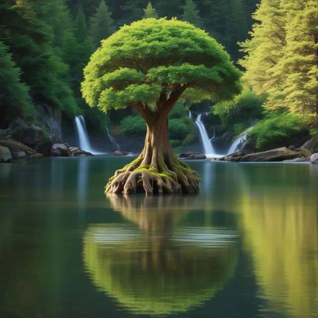 A living tree drawing nourishment from a clear stream, representing the benefits of using a living trust for estate planning and asset protection