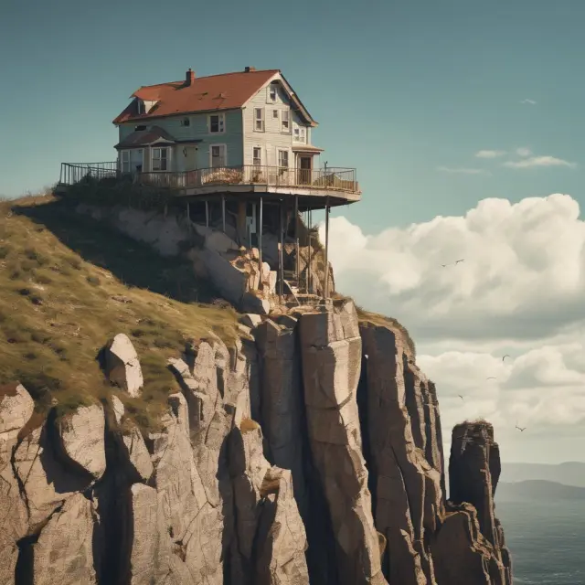House on the edge of a cliff symbolizes housing crisis. HAMP extends a lifeline to prevent foreclosure.