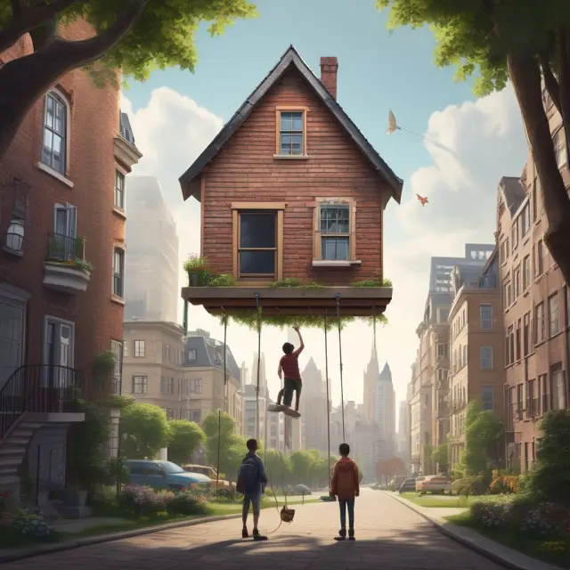 A seesaw with various property types balancing on it, representing the expansion of HAMP to include second homes and investment properties for financial relief amidst economic instability