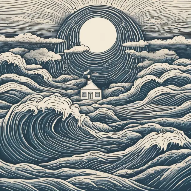 Two waves labeled HAMP and HARP cradle a house in still waters, symbolizing mortgage assistance programs providing relief to homeowners