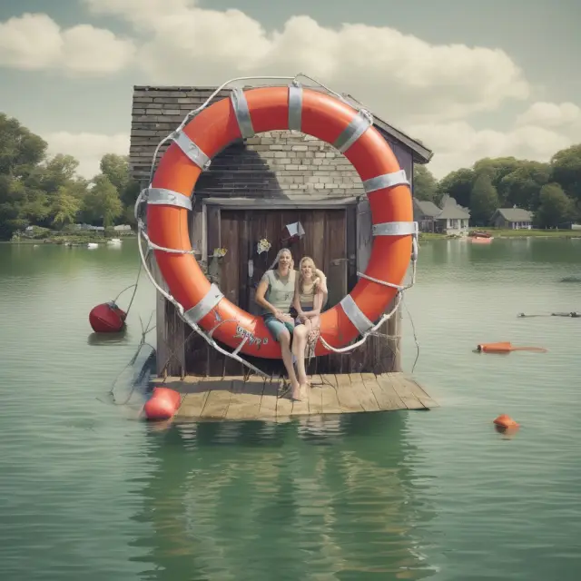 Underwater homeowners reaching for relief with the HARP lifebuoy, symbolizing eligibility for mortgage refinancing and financial salvation.