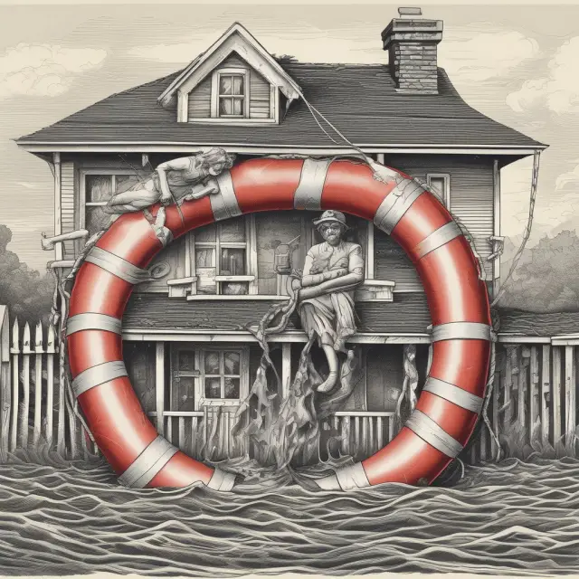 Underwater homeowner saved by HARP: Lifebuoy symbolizes mortgage relief with lower interest rates and monthly payments.