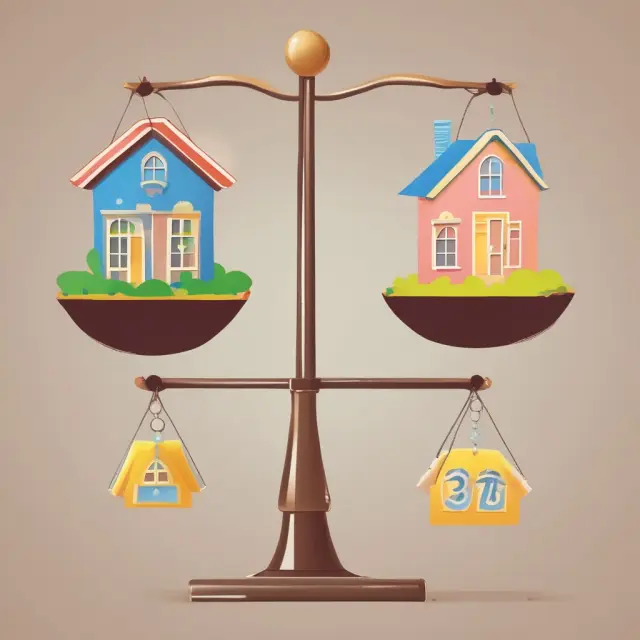 A balancing scale representing creditworthiness, with one side displaying an older mortgage and the other a new HARP refinance