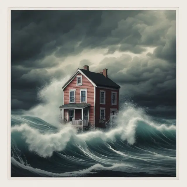 A house rising from waves in a tranquil sea, representing the recovery of the housing market and the conclusion of HARP.