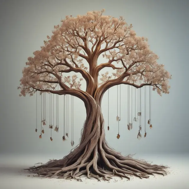 A digital tree represents the transformation of banking through home banking methods, with intertwined roots symbolizing interconnected services.