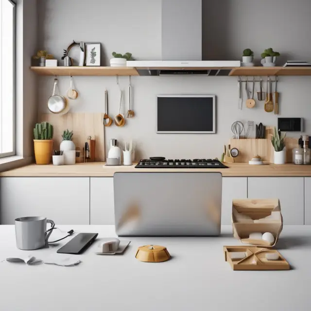 Modern kitchen scene with appliances representing mobile banking, web banking, telephone banking, and mail banking