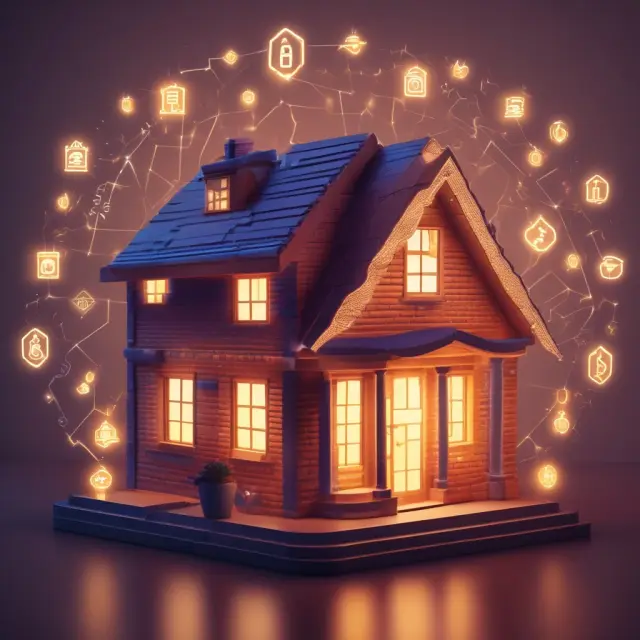 Scene depicting a modern house with various bank logos surrounding it, symbolizing the security and convenience of home banking.