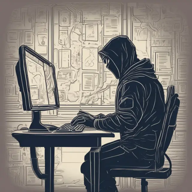 Image of a person using laptop for home banking, with cybercriminal attempting to gain access in the background. Depicts online security risks.