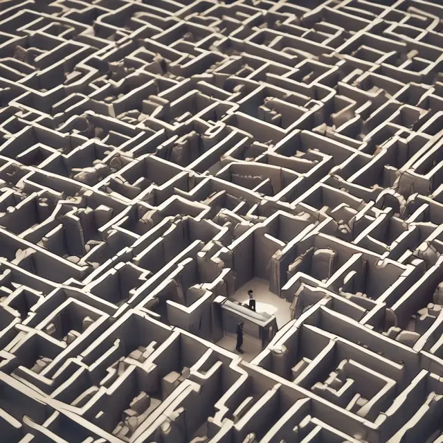 First-time homebuyer holding a map in front of a labyrinthine maze filled with documents, illustrating the Home Buyers