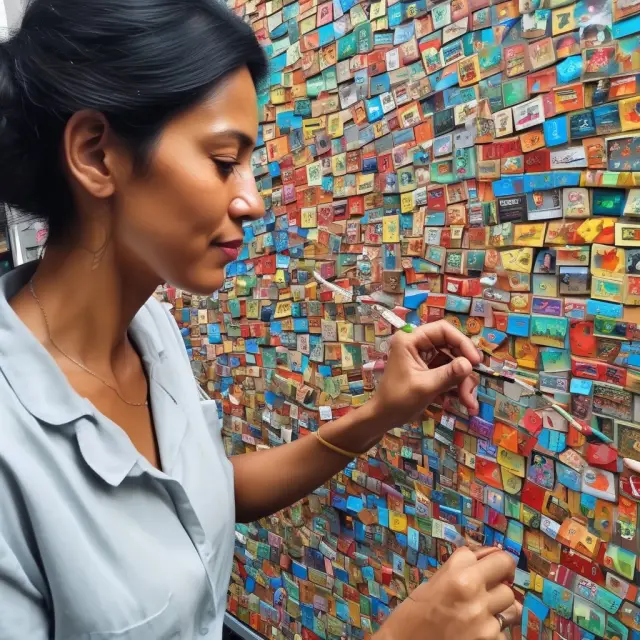 An artist creating a vibrant mosaic, symbolizing the process of diversifying investment portfolios beyond home country bias