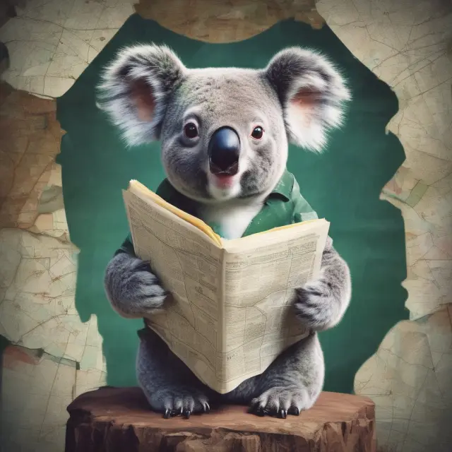 A koala holding global investment maps, breaking free from an Australian eucalyptus tree to symbolize overcoming home country bias