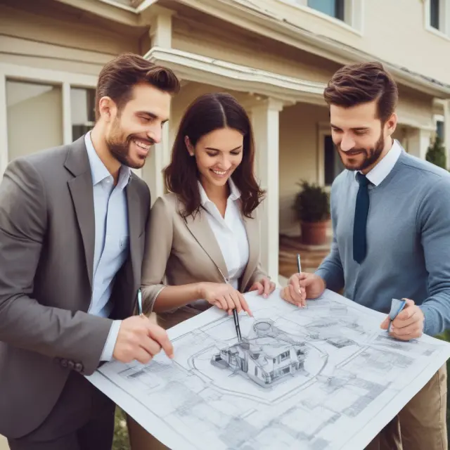 A homeowner and realtor reviewing a blueprint of a house with magnifying glasses. Home Inspection Thoroughness.