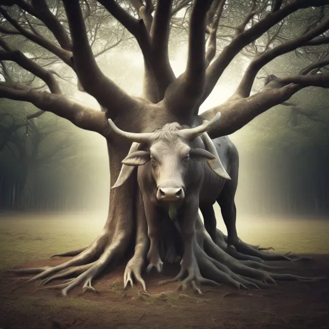 Large bull representing domestic markets nurturing a tree of export industries, highlighting the home market effect concept