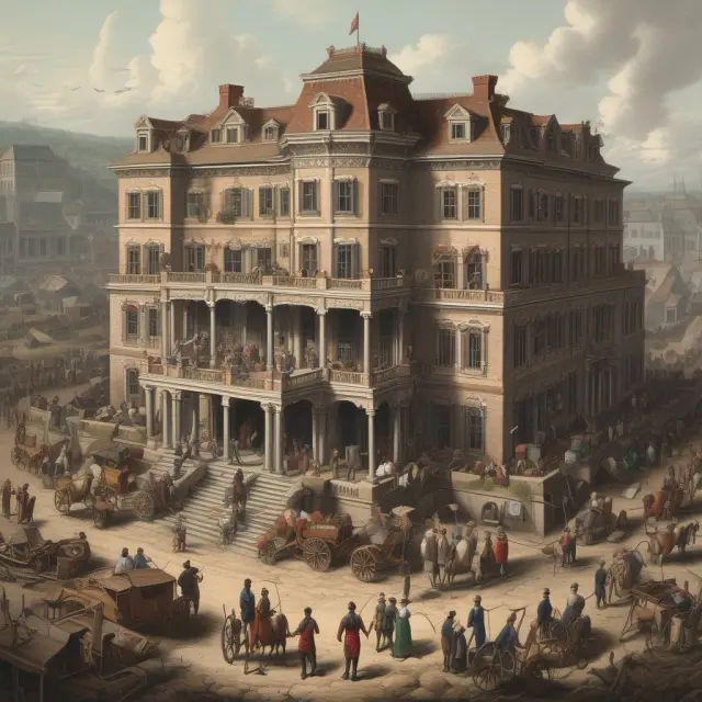 Mansion symbolizes a large home market; laborers build diverse exports in its shadow