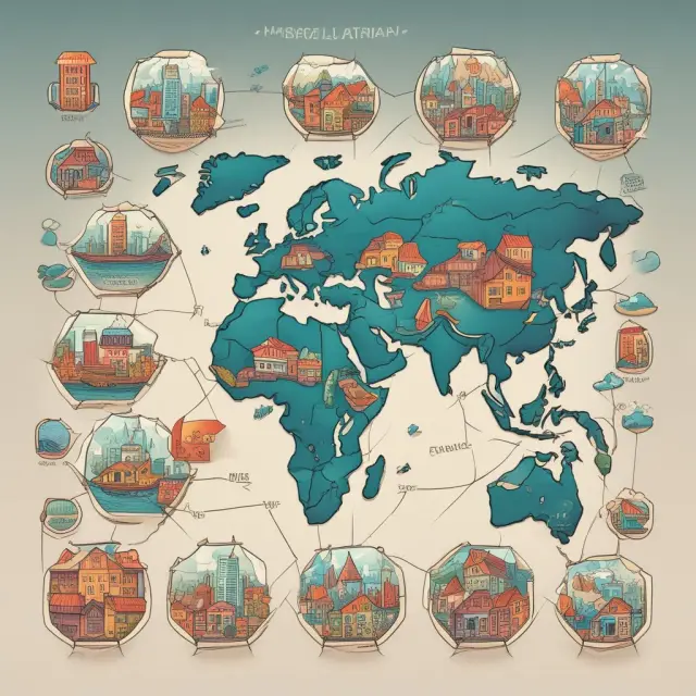 A globe made of interconnected tiles, representing countries, with each tile producing goods based on the home market effect