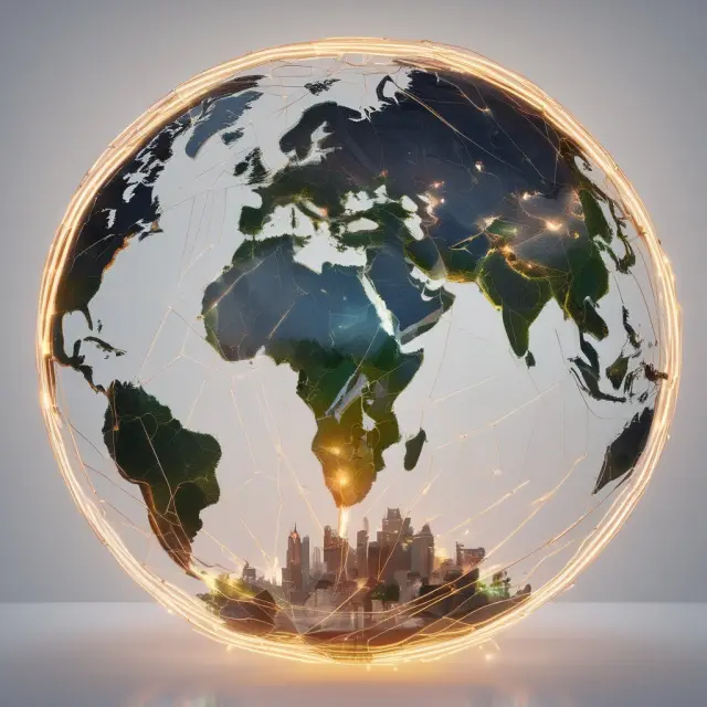 A globe showing economically interconnected countries flowing towards large domestic markets
