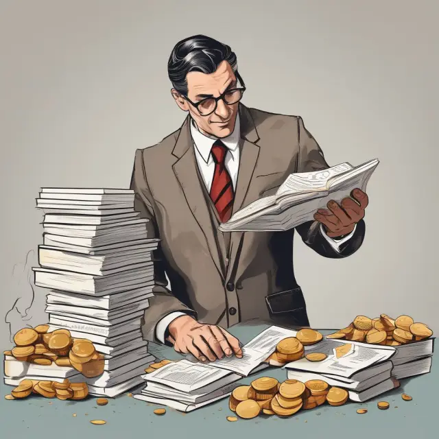 Tax professional sorting documents and coins to optimize mortgage interest deductions.