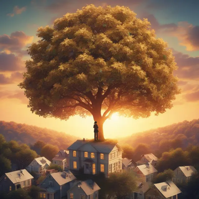 Homeowner climbing mortgage documents atop a golden ladder, reaching for tax savings tree with property tax and refinance leaves